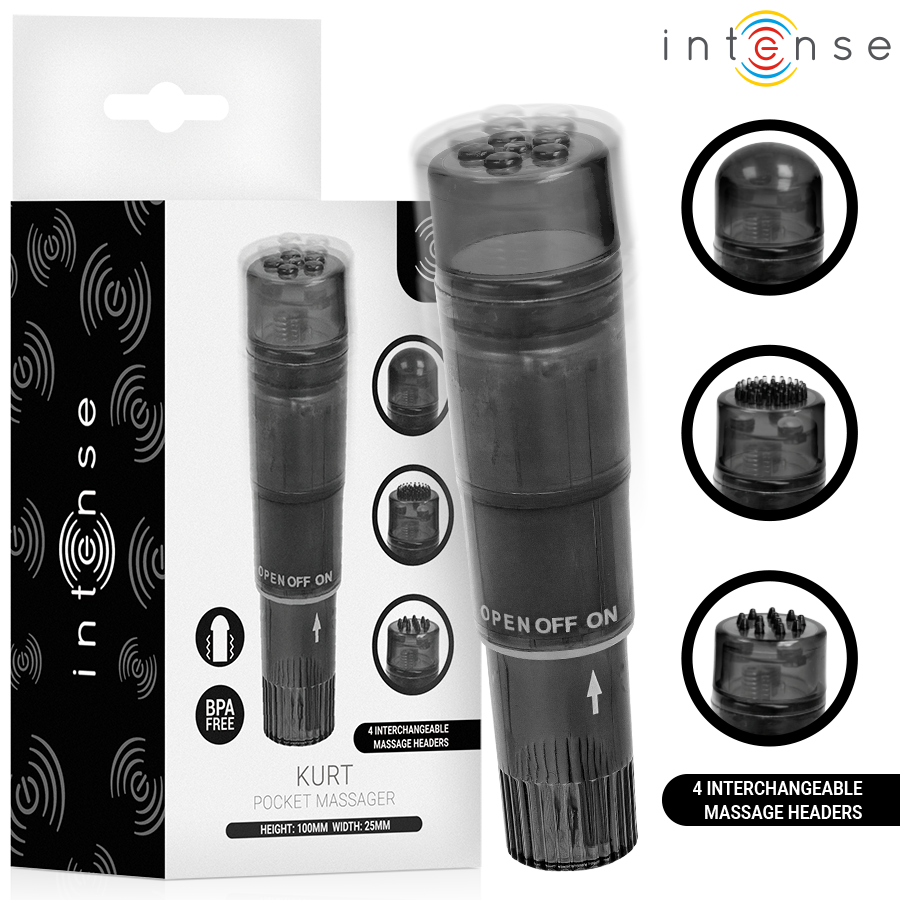 INTENSE - MINI MASSAGGIATORE KURT CON 4 TESTINE INTERCAMBIABILI NERO