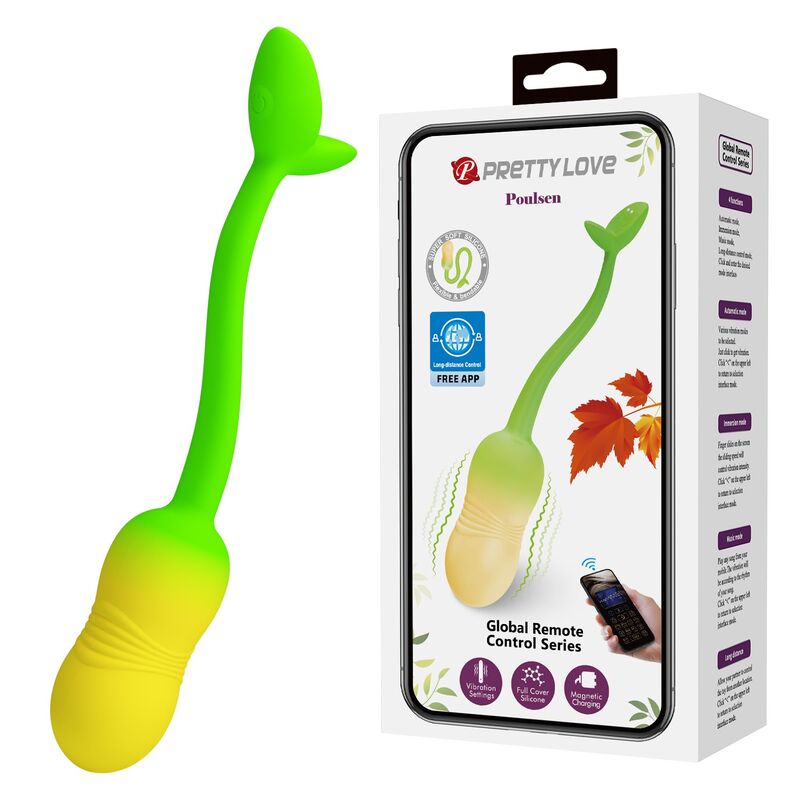 PRETTY LOVE - UOVO VIBRANTE CONTROLLABILE TRAMITE APP PULSEN, 12 FUNZIONI, RICARICABILE TRAMITE USB, VERDE-GIALLO